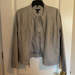 Alfani Gray Leather Jacket Fitted Stand-Up Collar